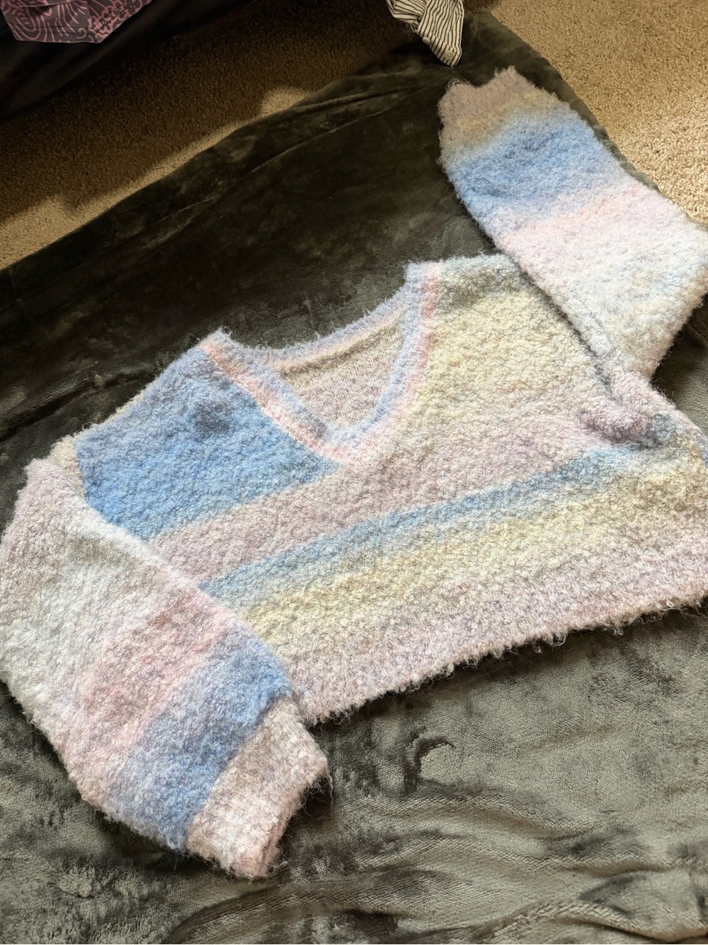 Pastel Multicolor V-Neck Fuzzy Cropped Sweater
